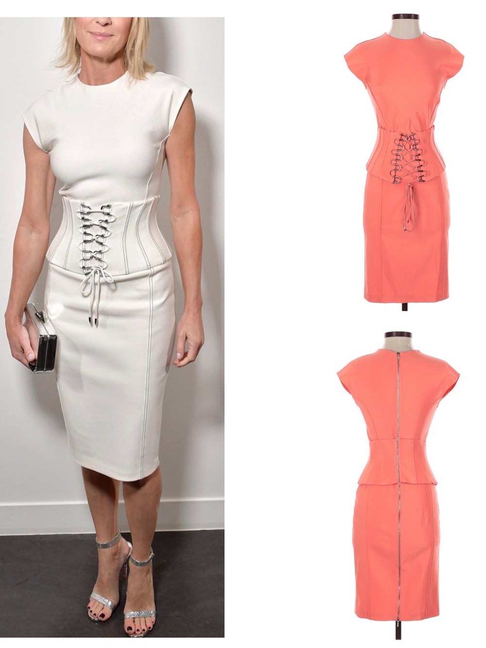 MUGLER Coral Structured Corset-Style Midi Dress with Back Zip 38